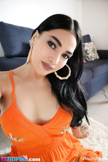 TS Filipina Orange Sexy Dress Mirror Selfie