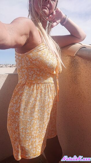 tits out and fingering outside in orange floral playsuit