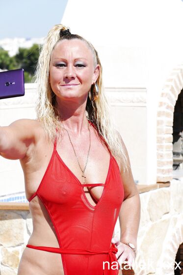 BTS outside selfshot flashing in red see through lingerie