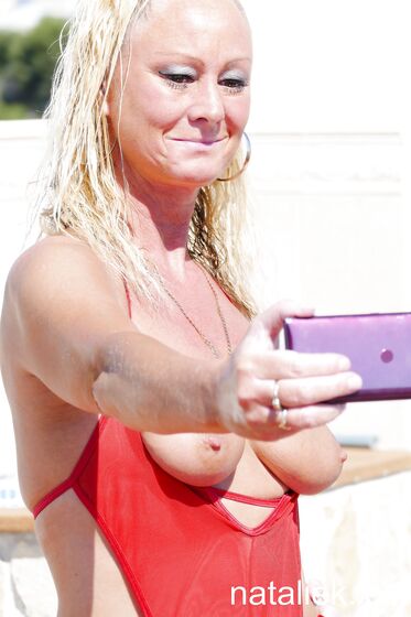BTS outside selfshot flashing in red see through lingerie