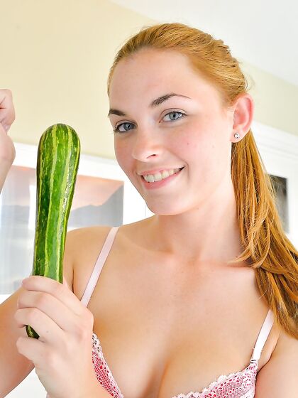 Strawberry Blonde Bailey Rayne Strokes Her Shaved Beaver In Bed And Plays With A Cucumber.