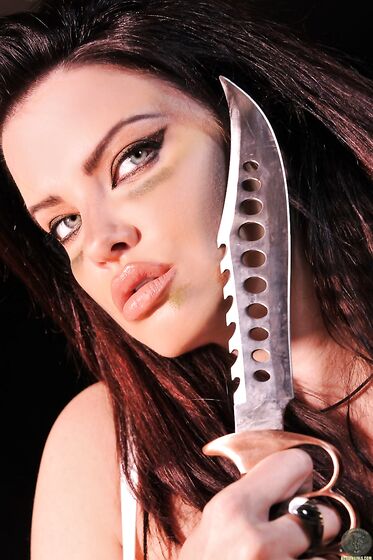 Big Breasted Brunette Dana Hamm In Transparent White Bra Poses With Knife In Hand