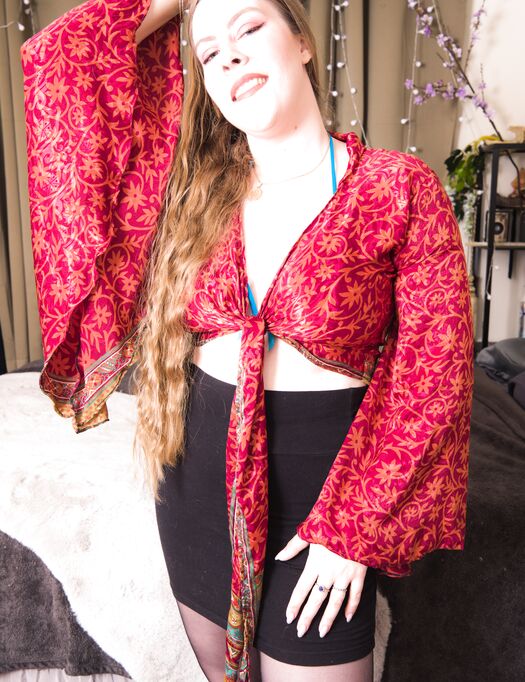 Black Skirt Red Silk Top - Zip